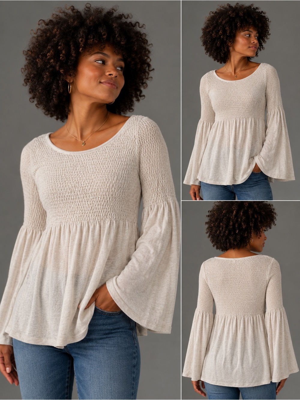 Anthropologie Knitted & Knotted Peasant Tunic Bell Long Sleeve Blouse Cream Med